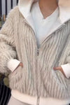 Women Casual Hooded Fleece Striped Zip-Up Jacket