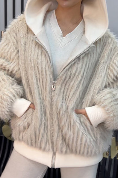 Women Casual Hooded Fleece Striped Zip-Up Jacket