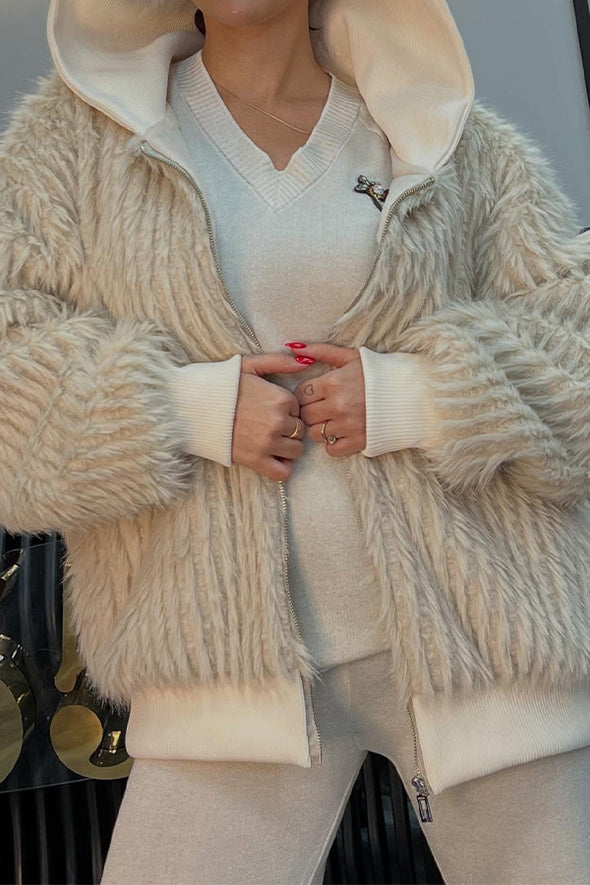 Women Casual Hooded Fleece Striped Zip-Up Jacket
