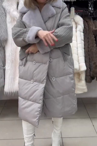 Women Casual Fur Collar Knit Panel Double-Breasted Warm Coat