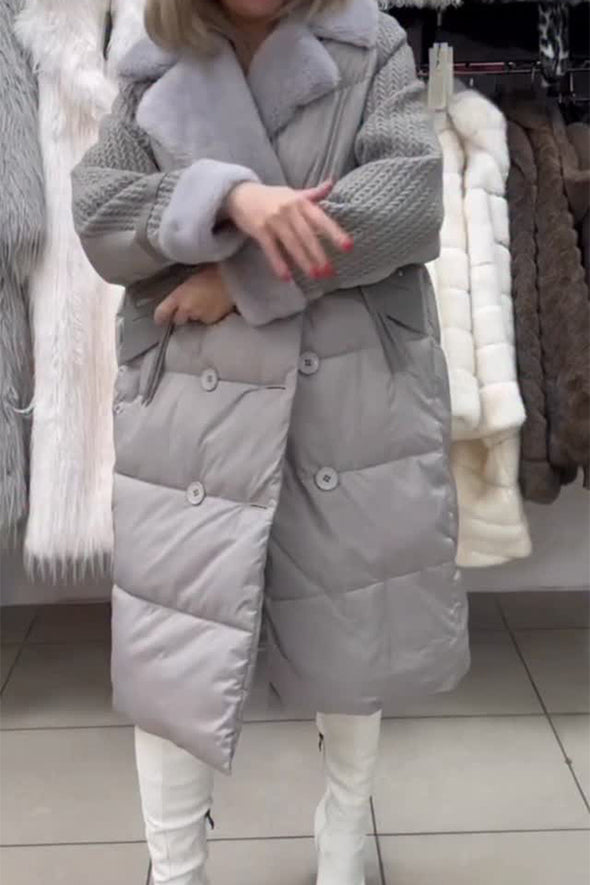 Women Casual Fur Collar Knit Panel Double-Breasted Warm Coat