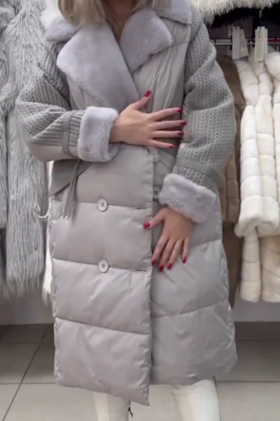 Women Casual Fur Collar Knit Panel Double-Breasted Warm Coat