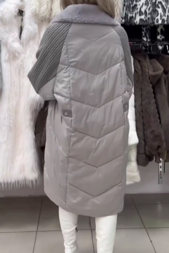 Women Casual Fur Collar Knit Panel Double-Breasted Warm Coat