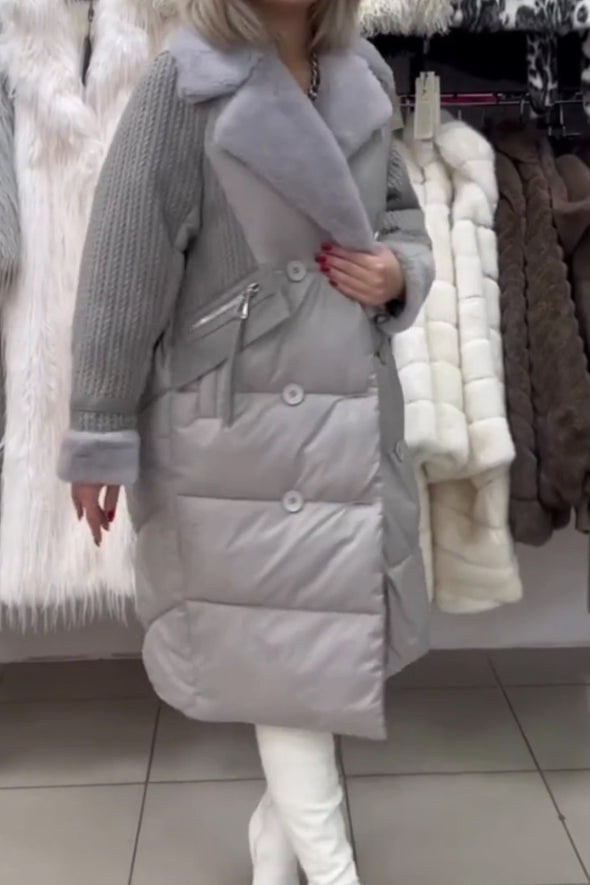 Women Casual Fur Collar Knit Panel Double-Breasted Warm Coat