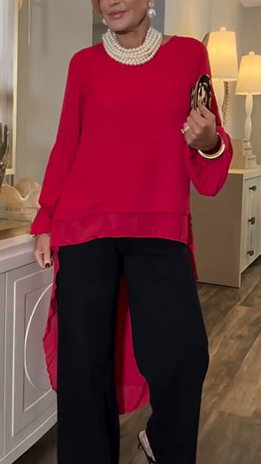 Women Round Neck Irregular Solid Color Top