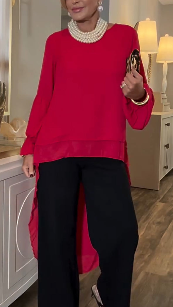 Women Round Neck Irregular Solid Color Top
