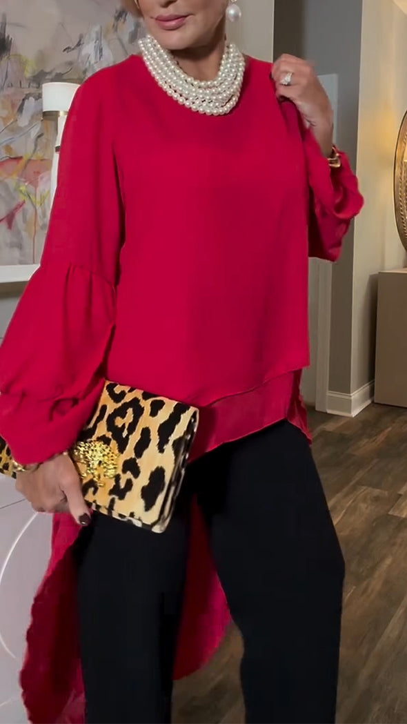 Women Round Neck Irregular Solid Color Top