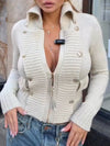 Women Lapel Knitted Double-breasted Casual Cardigan