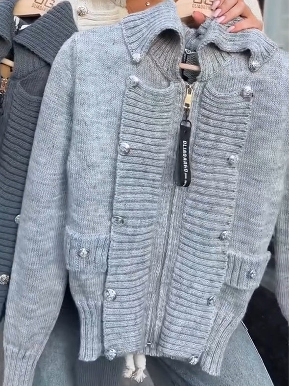 Women Lapel Knitted Double-breasted Casual Cardigan