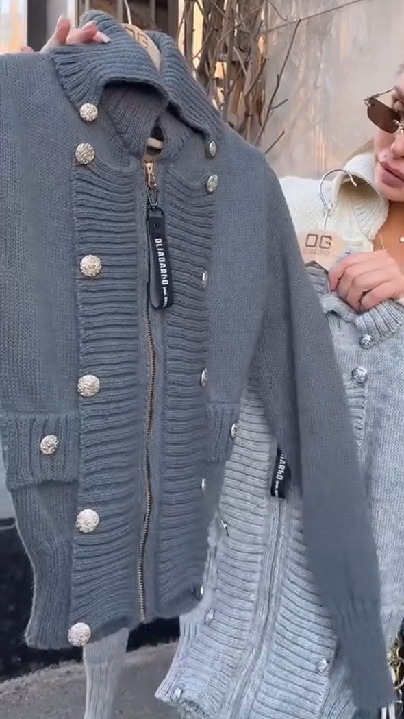 Women Lapel Knitted Double-breasted Casual Cardigan