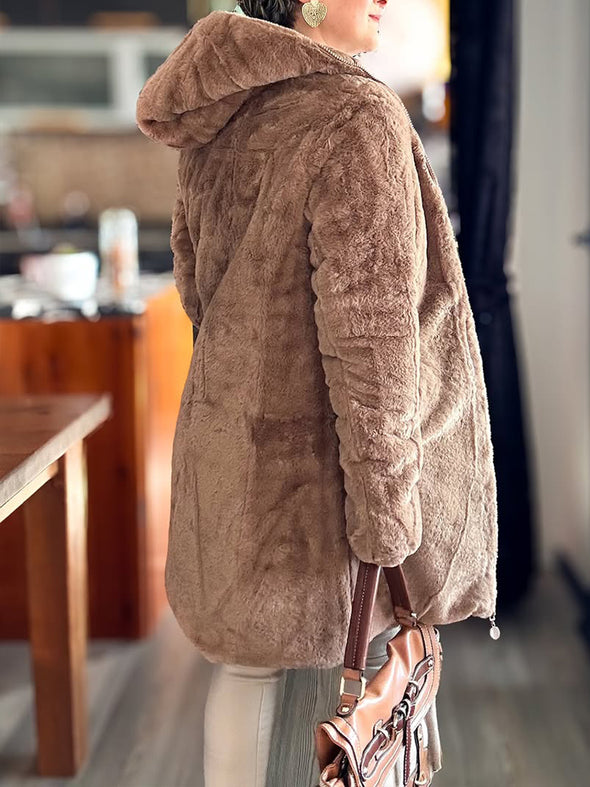Women Hooded Plush Lining Casual Cotton Jacket