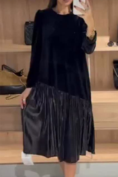 Women Elegant Asymmetric Spliced Hem Long Sleeve Loose Dress