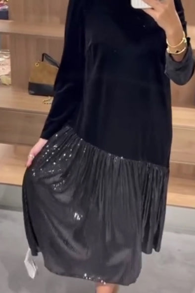 Women Elegant Asymmetric Spliced Hem Long Sleeve Loose Dress