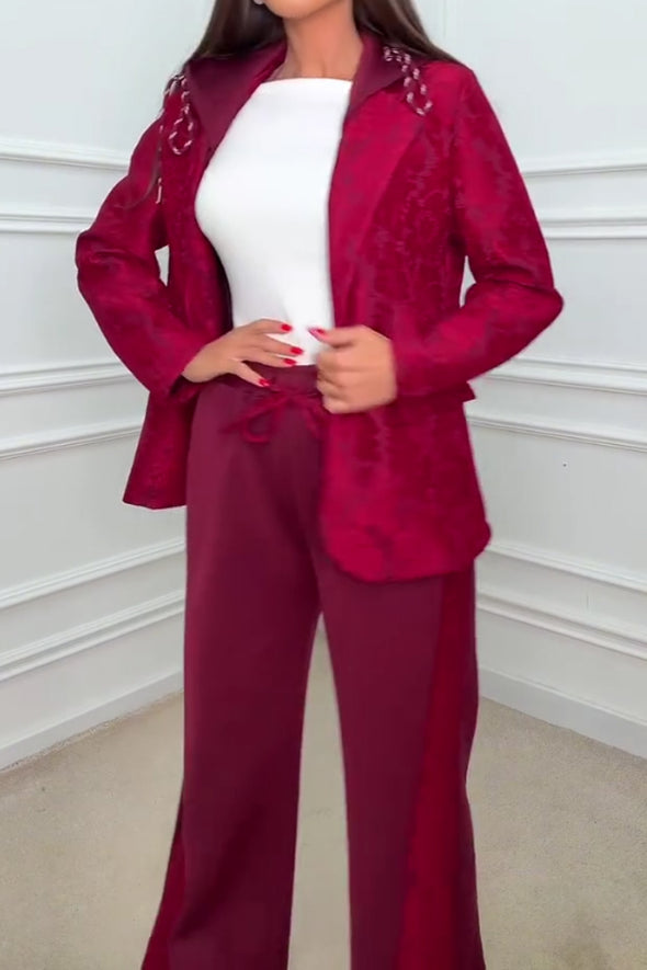 Women Elegant Floral Pattern Hooded Drawstring Blazer + Pants Suit