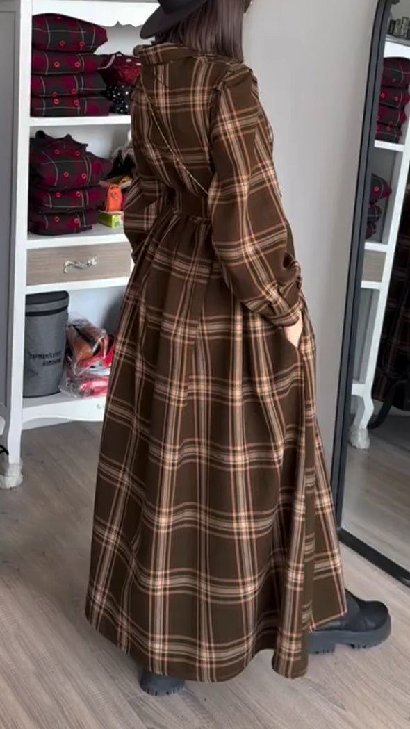 Women Lapel Plaid Casual Dress