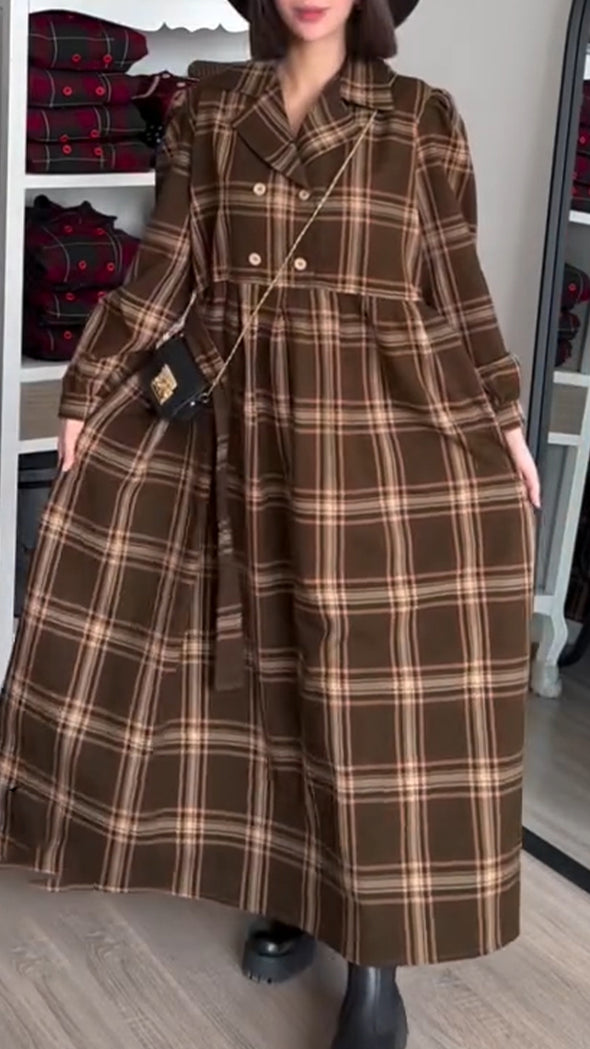 Women Lapel Plaid Casual Dress