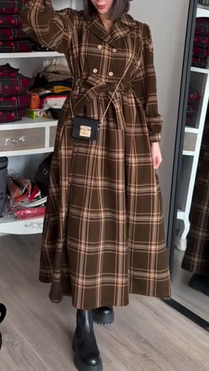 Women Lapel Plaid Casual Dress