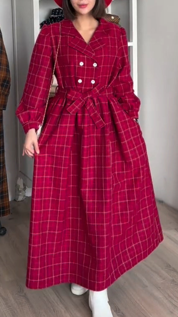 Women Lapel Plaid Casual Dress