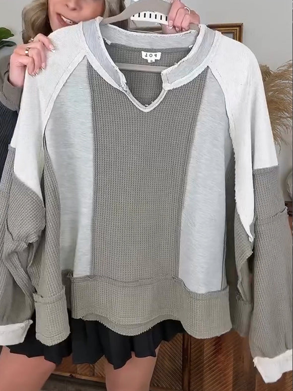 Women Round Neck Stitching Contrast Color Casual Sweatshirt
