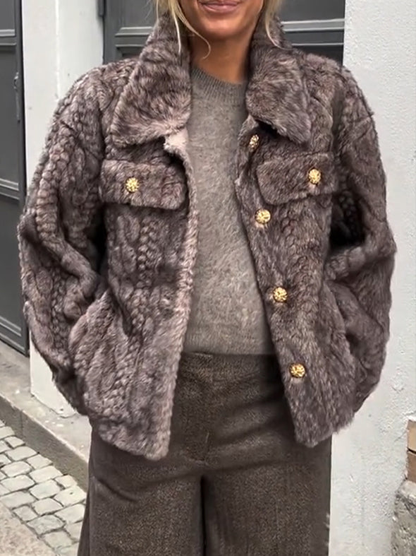 Women Lapel Buttoned Casual Plush Coat