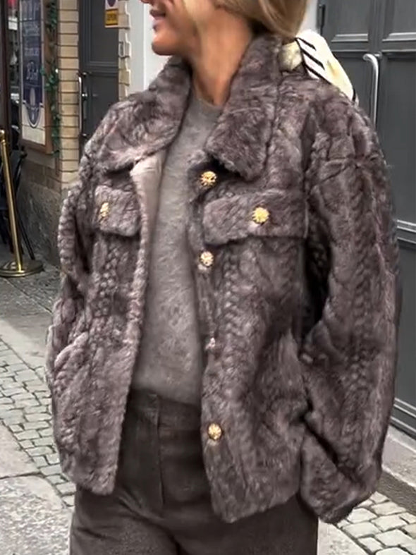 Women Lapel Buttoned Casual Plush Coat