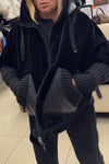 Women Casual Plush Hooded Knit Sleeve Paneled Zipper Coat