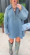 Women Lapel Washed Casual Loose Denim Dress