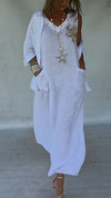 Women V-neck Dress + Cardigan Solid Color Casual Suit
