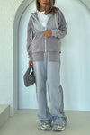 Women Round Neck Hooded Jacket + Pants Casual Suit