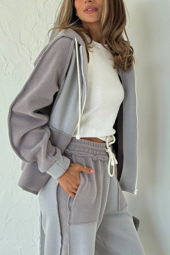Women Round Neck Hooded Jacket + Pants Casual Suit
