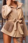 Women Elegant Plush Panel Stand Collar Pocket Waist Tie Coat