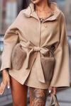 Women Elegant Plush Panel Stand Collar Pocket Waist Tie Coat
