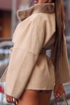 Women Elegant Plush Panel Stand Collar Pocket Waist Tie Coat