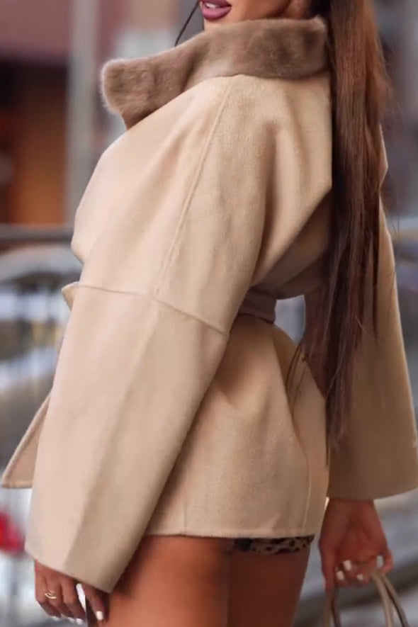 Women Elegant Plush Panel Stand Collar Pocket Waist Tie Coat