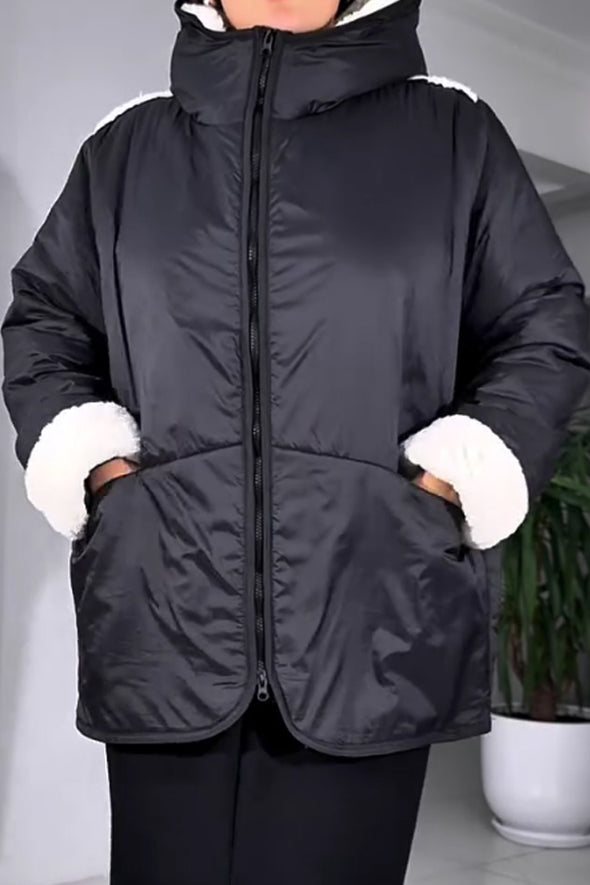 Women Casual Plush Hooded Zip-Up Jacket