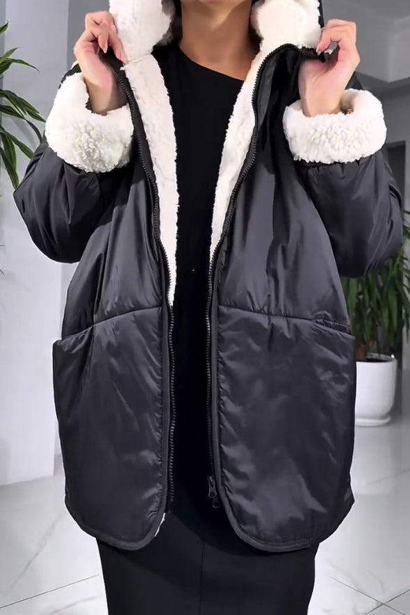 Women Casual Plush Hooded Zip-Up Jacket