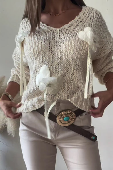 Women Casual 3D Flower Irregular Tassel Pullover Sweater