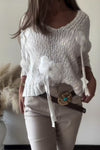 Women Casual 3D Flower Irregular Tassel Pullover Sweater