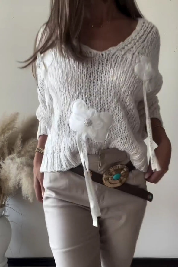 Women Casual 3D Flower Irregular Tassel Pullover Sweater