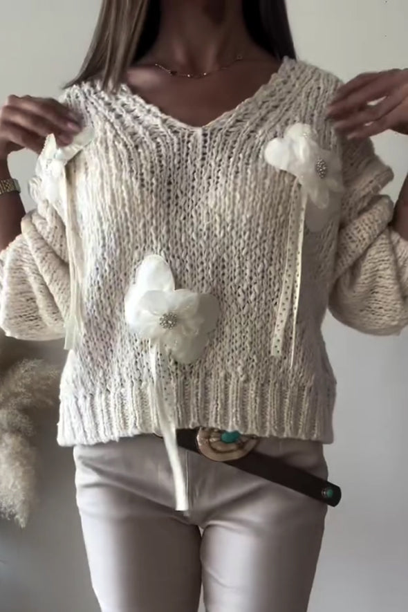 Women Casual 3D Flower Irregular Tassel Pullover Sweater