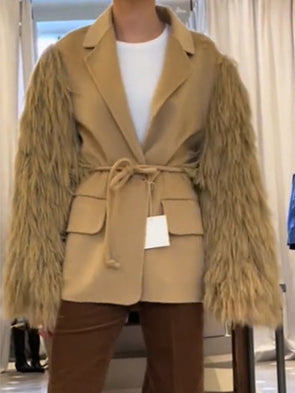 Women Lapel Spliced sleeves Wool Stripe Temperament Casual Jacket