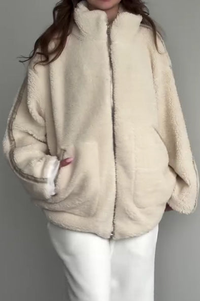 Women Casual Stand Collar Zipper Large Pocket Plush Jacket
