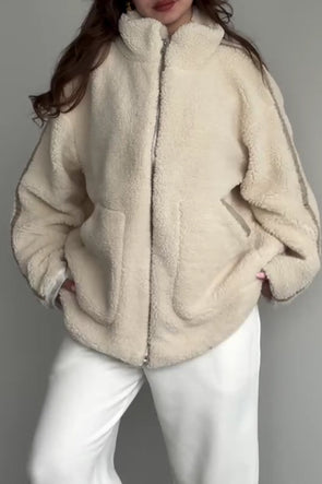 Women Casual Stand Collar Zipper Large Pocket Plush Jacket