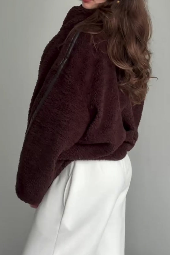 Women Casual Stand Collar Zipper Large Pocket Plush Jacket