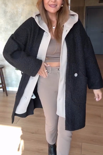 Women Patchwork Hooded Contrasting Color Casual Plush Coat
