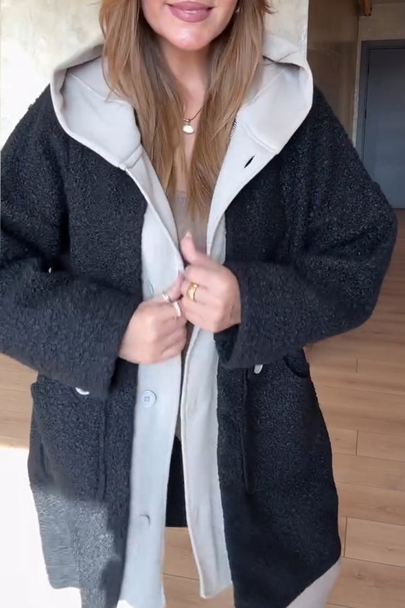 Women Patchwork Hooded Contrasting Color Casual Plush Coat