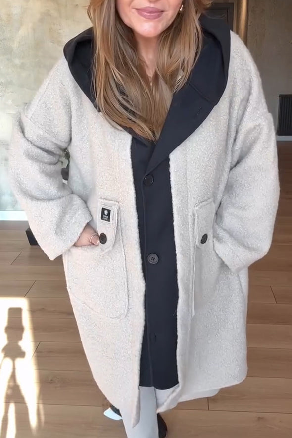 Women Patchwork Hooded Contrasting Color Casual Plush Coat