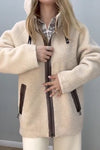 Women Casual Stand Collar Hoodie Drawstring Zipper Large Pockets Reversible Plush Leather Jacket