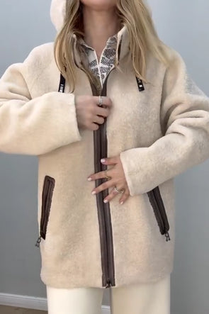 Women Casual Stand Collar Hoodie Drawstring Zipper Large Pockets Reversible Plush Leather Jacket