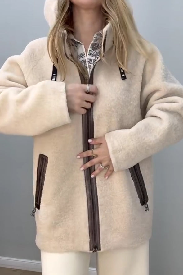 Women Casual Stand Collar Hoodie Drawstring Zipper Large Pockets Reversible Plush Leather Jacket